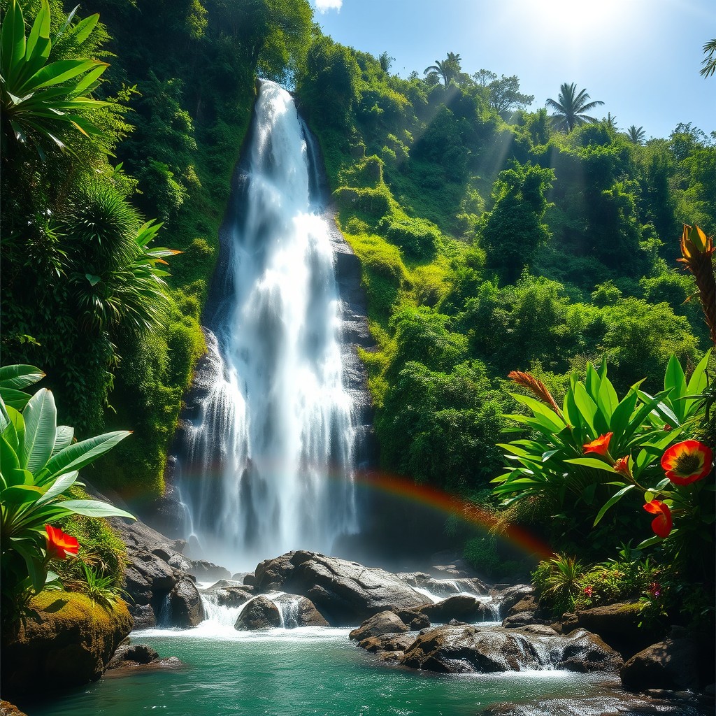 A stunning waterfall cascading down a lush green hillside, surrounded by vibrant tropical plants and colorful flowers, sunlight streaming through the leaves creating a magical atmosphere