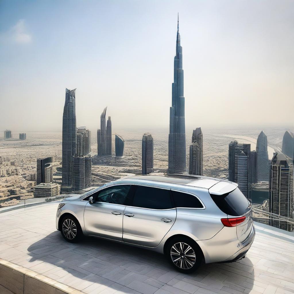 A Kia Carens car parked on the topmost floor of the Burj Khalifa, with a panoramic view of the Dubai cityscape in the background.