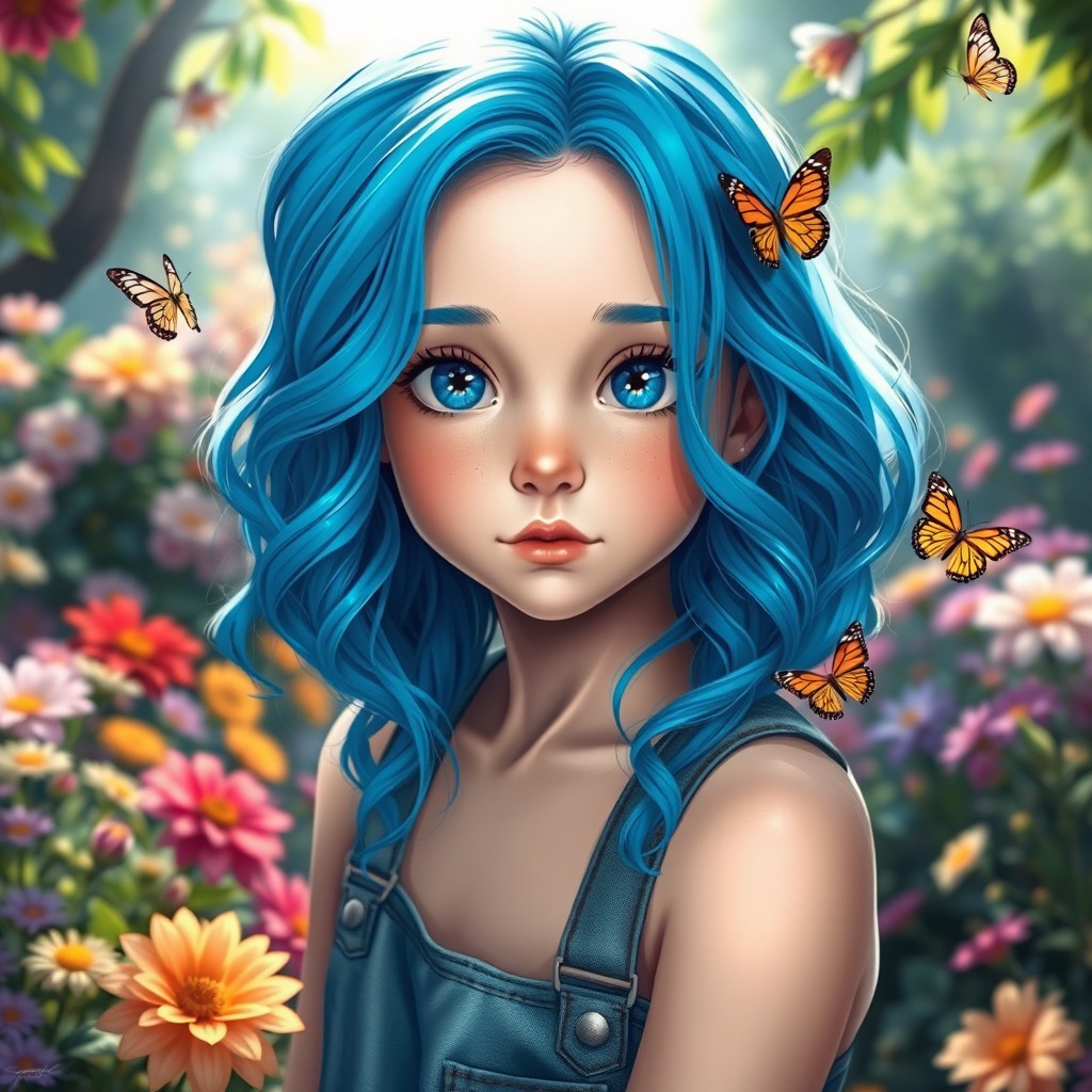A striking portrait of a girl with vibrant blue hair, styled in soft waves