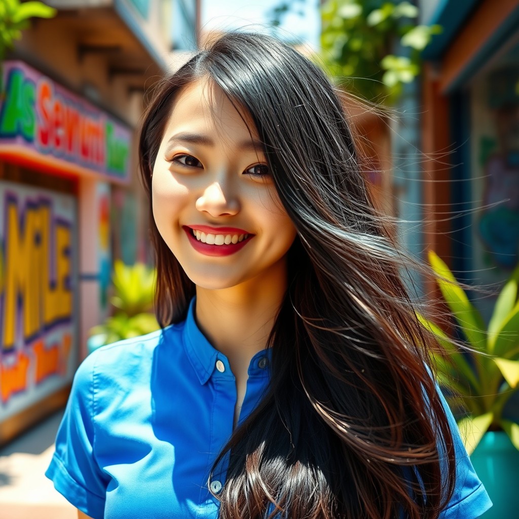 A portrait of an Asian girl wearing a blue shirt, standing in a vibrant urban environment