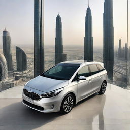 A Kia Carens car parked on the topmost floor of the Burj Khalifa, with a panoramic view of the Dubai cityscape in the background.