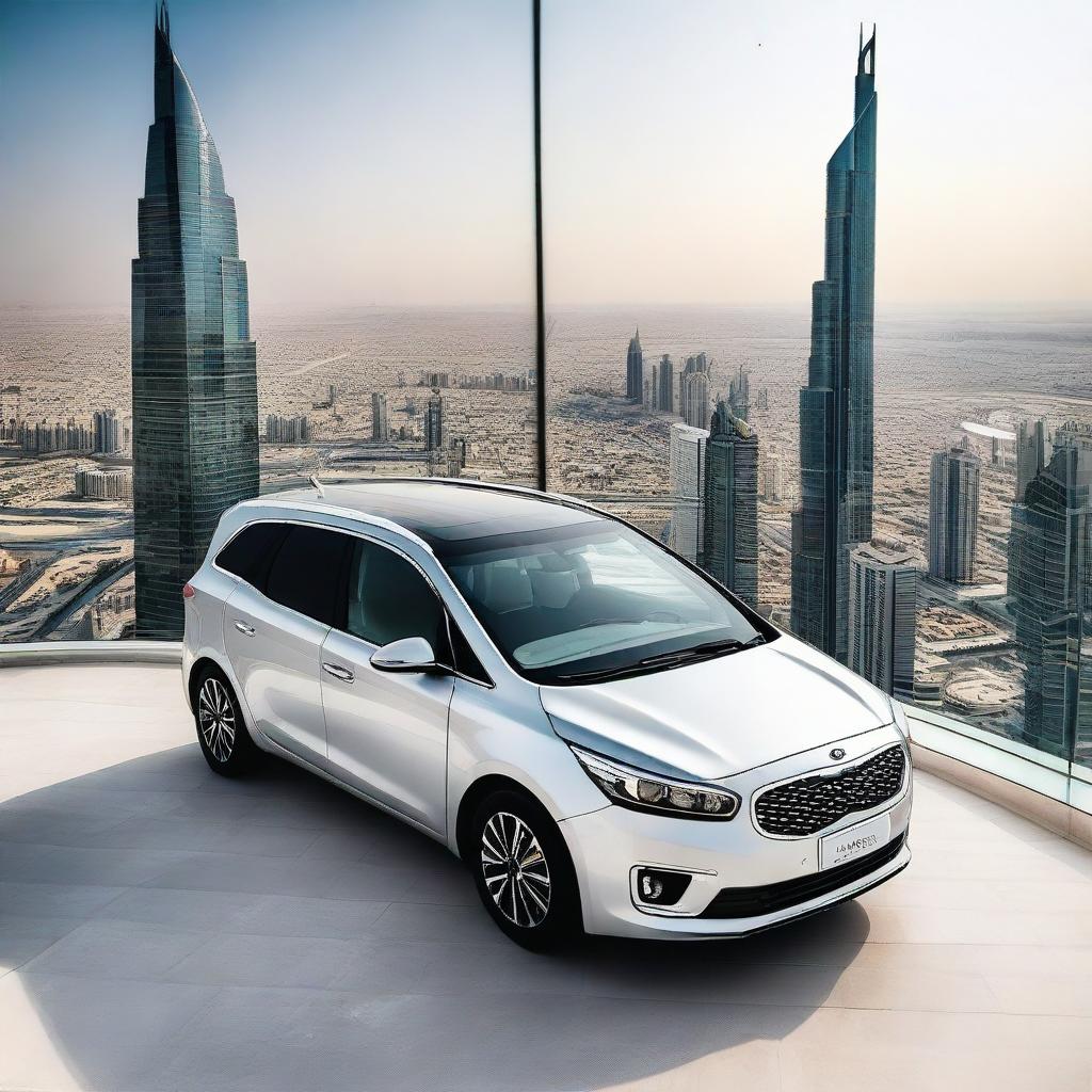 A Kia Carens car parked on the topmost floor of the Burj Khalifa, with a panoramic view of the Dubai cityscape in the background.