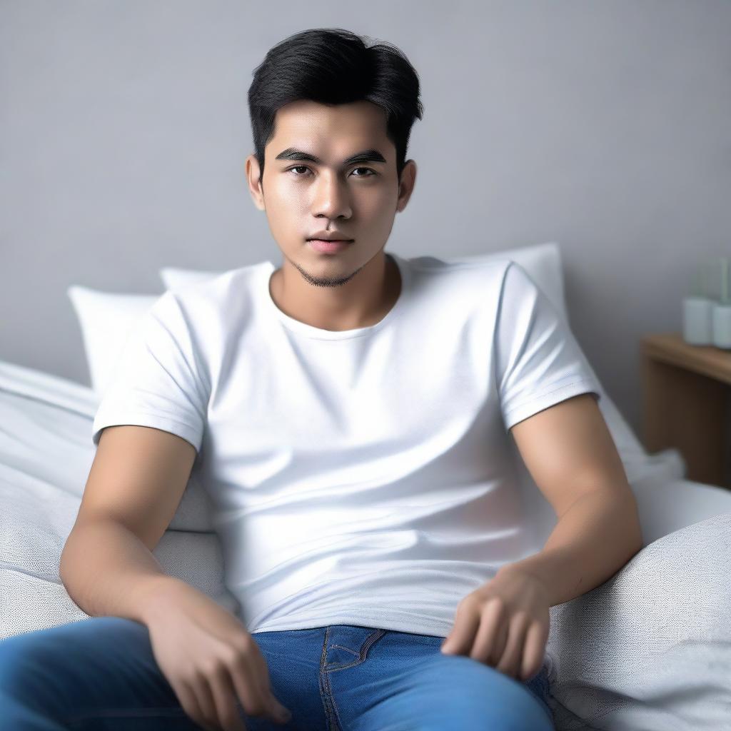 A 3D realistic image of a 24-year-old Indonesian male, casually dressed in a white t-shirt and jeans, laid back on a bed in a modern apartment setting.