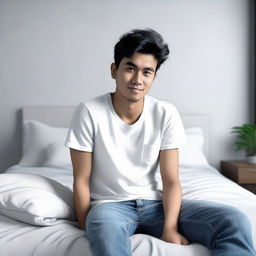 A 3D realistic image of a 24-year-old Indonesian male, casually dressed in a white t-shirt and jeans, laid back on a bed in a modern apartment setting.