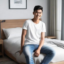 A 3D realistic image of a 24-year-old Indonesian male, casually dressed in a white t-shirt and jeans, laid back on a bed in a modern apartment setting.