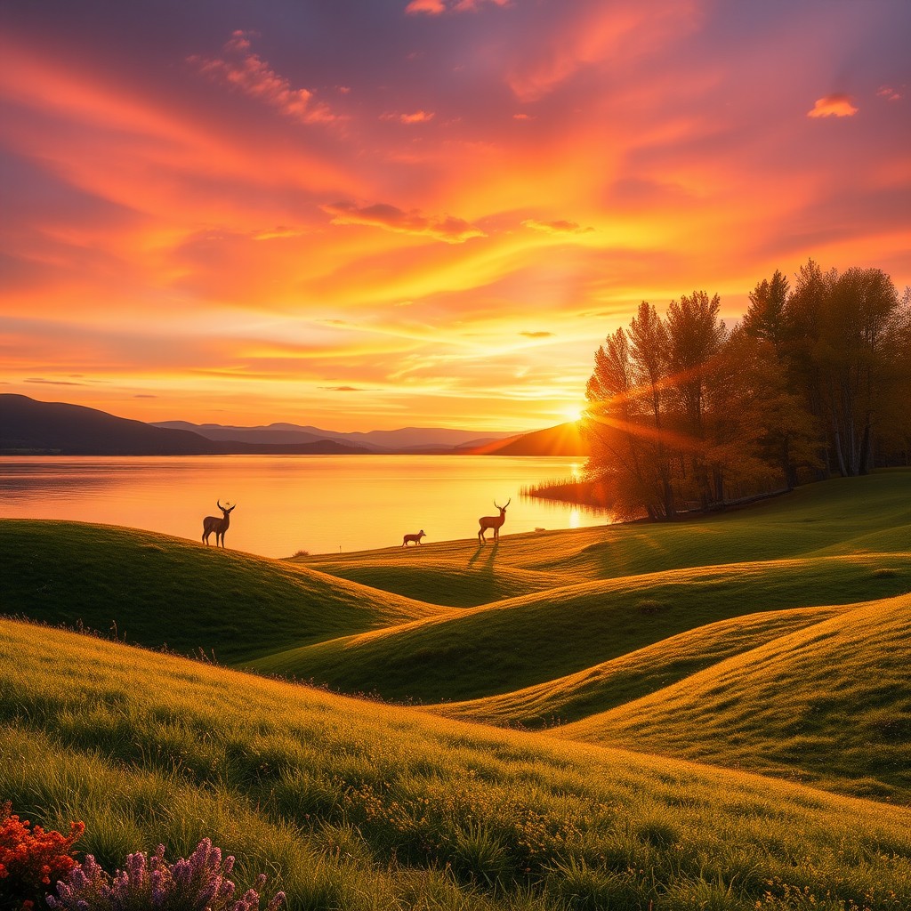 A serene and enchanting landscape, featuring a vibrant sunset sky with hues of orange, purple, and pink