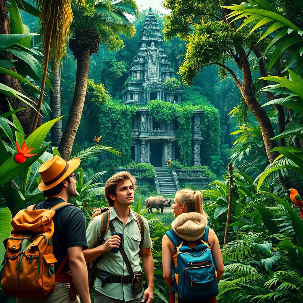 A lush, vibrant jungle scene inspired by the movie Jumanji, featuring exotic plants, towering trees, and a mysterious ancient temple partially covered with vines
