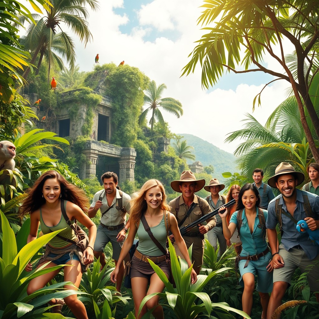 A vibrant, lush jungle scene inspired by the movie Jumanji, featuring a group of diverse adventurers in various action poses