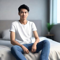 A 3D realistic image of a 24-year-old Indonesian male, casually dressed in a white t-shirt and jeans, laid back on a bed in a modern apartment setting.