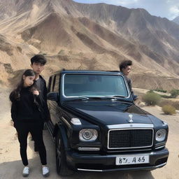 A teenage boy above 16 and a beautiful girl standing beside a black Rolls-Royce with the word 'Hazara' on the front, located on a mountain road. Behind them, three black Benz G-class cars are parked.