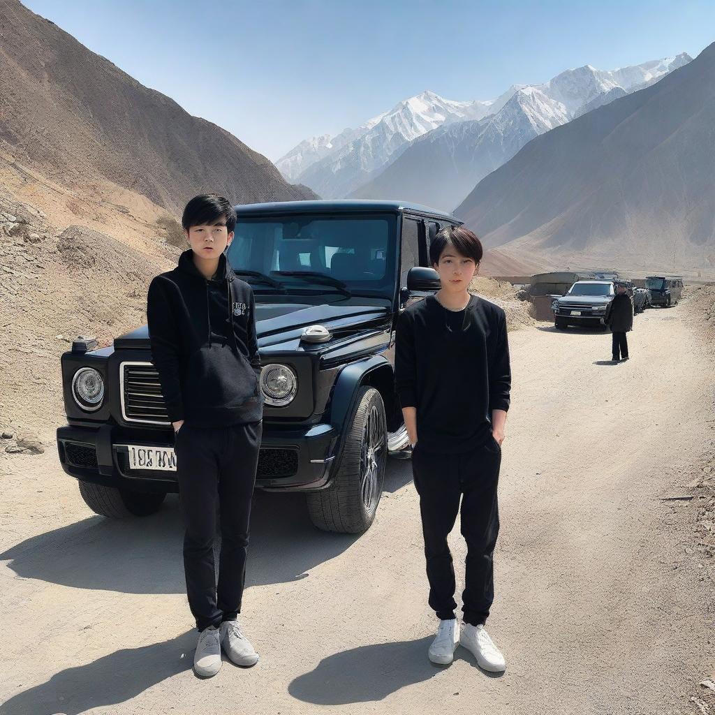 A teenage boy above 16 and a beautiful girl standing beside a black Rolls-Royce with the word 'Hazara' on the front, located on a mountain road. Behind them, three black Benz G-class cars are parked.