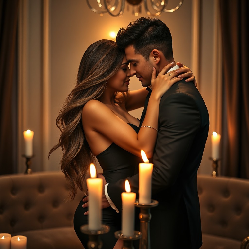 A passionate and intimate scene featuring a beautiful couple in a romantic setting