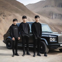 A teenage boy above 16 and a beautiful girl standing beside a black Rolls-Royce with the word 'Hazara' on the front, located on a mountain road. Behind them, three black Benz G-class cars are parked.