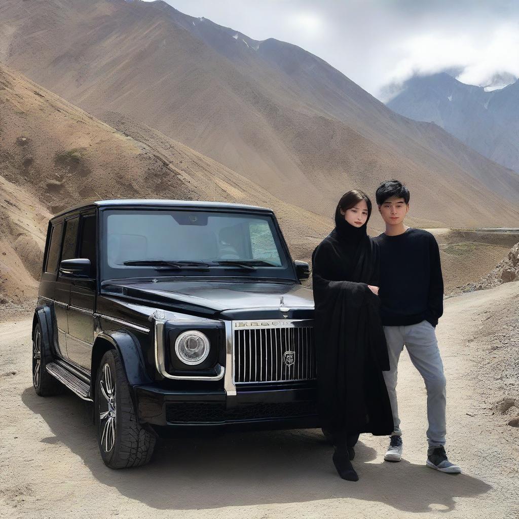 A teenage boy above 16 and a beautiful girl standing beside a black Rolls-Royce with the word 'Hazara' on the front, located on a mountain road. Behind them, three black Benz G-class cars are parked.