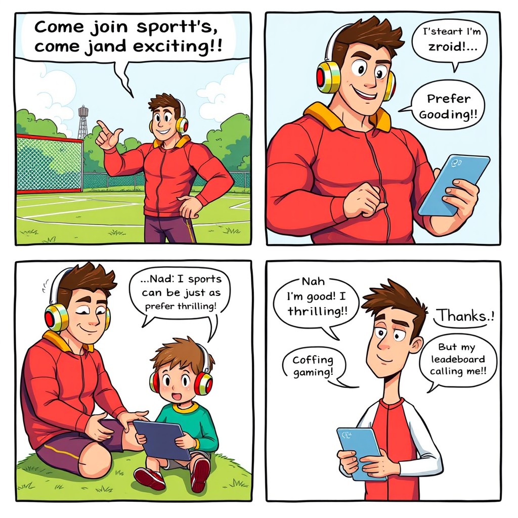 A humorous four-panel comic strip featuring a sporty, muscular athlete in a colorful tracksuit encouraging a young kid with bright, oversized headphones