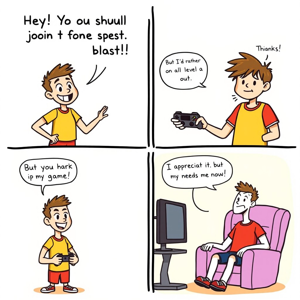 A playful four-panel comic strip depicting an enthusiastic athlete trying to persuade a friend to participate in sports