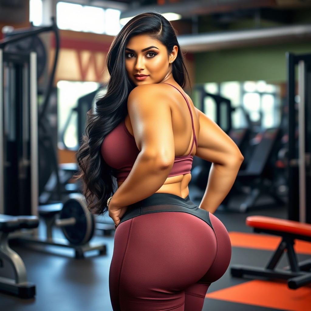 A voluptuous woman with a sun-kissed complexion, long black hair, and piercing brown eyes is at the gym