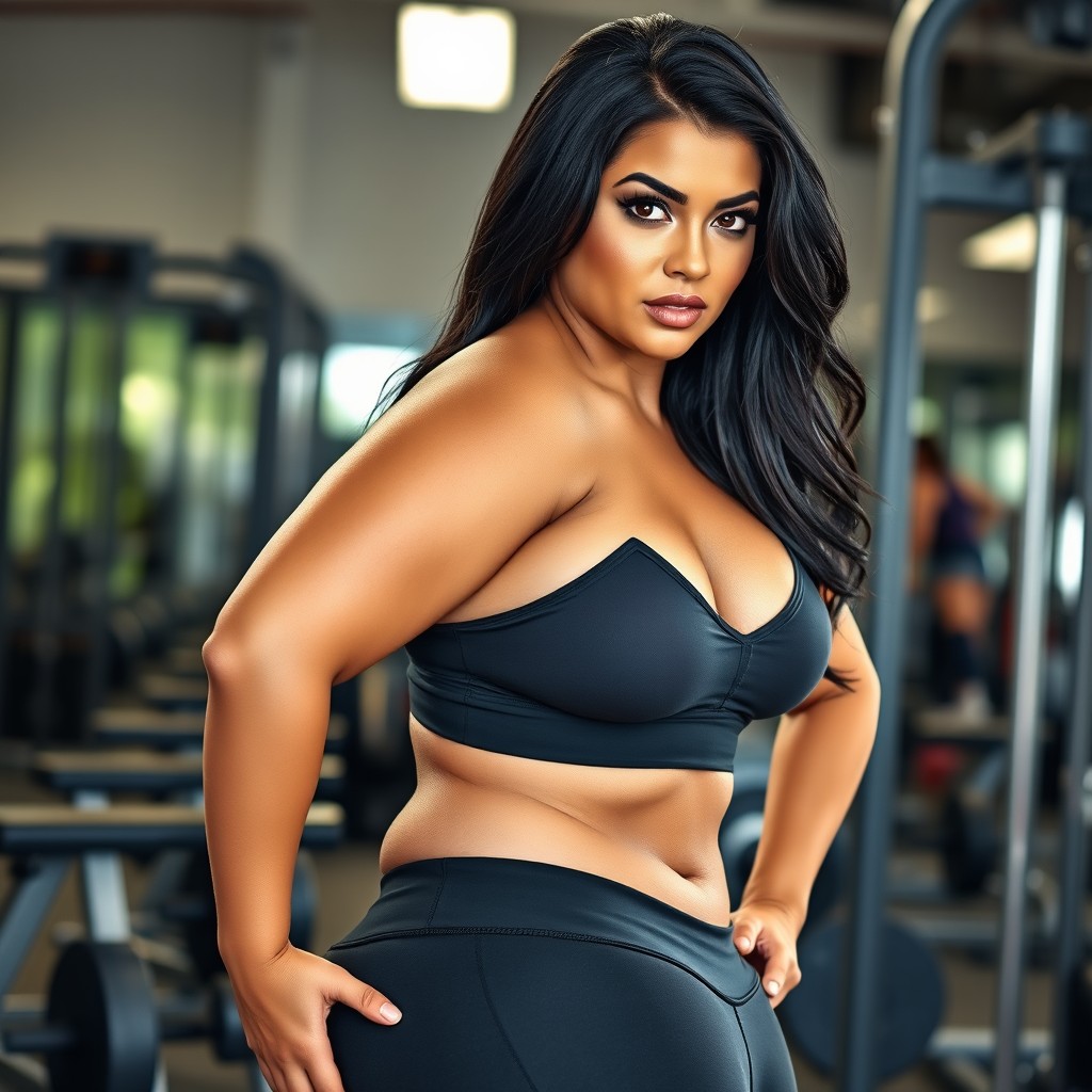 A voluptuous woman with a sun-kissed complexion, long black hair, and piercing brown eyes is at the gym