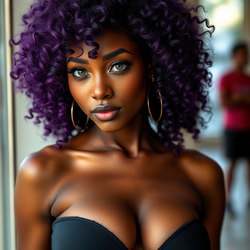 An ebony light-skinned woman with stunning purple hair and captivating green eyes, featuring confident curves that command attention