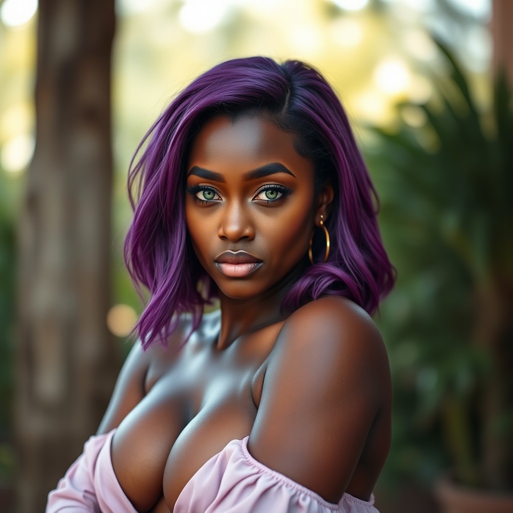 An ebony light-skinned woman with striking purple hair and enchanting green eyes, showcasing her confident curves that ignite jealousy in those around her