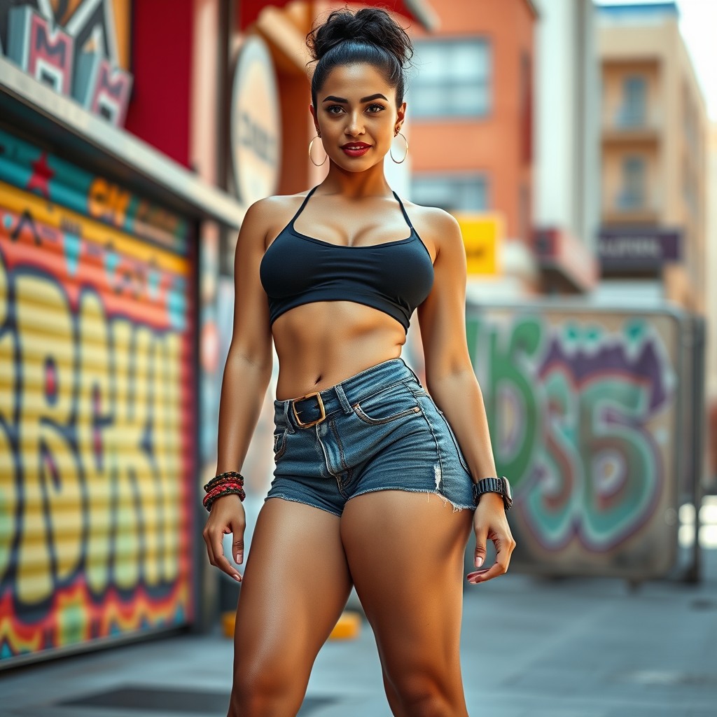 A bold and confident woman wearing stylish shorts that highlight her curves, showcasing a strong and empowering presence