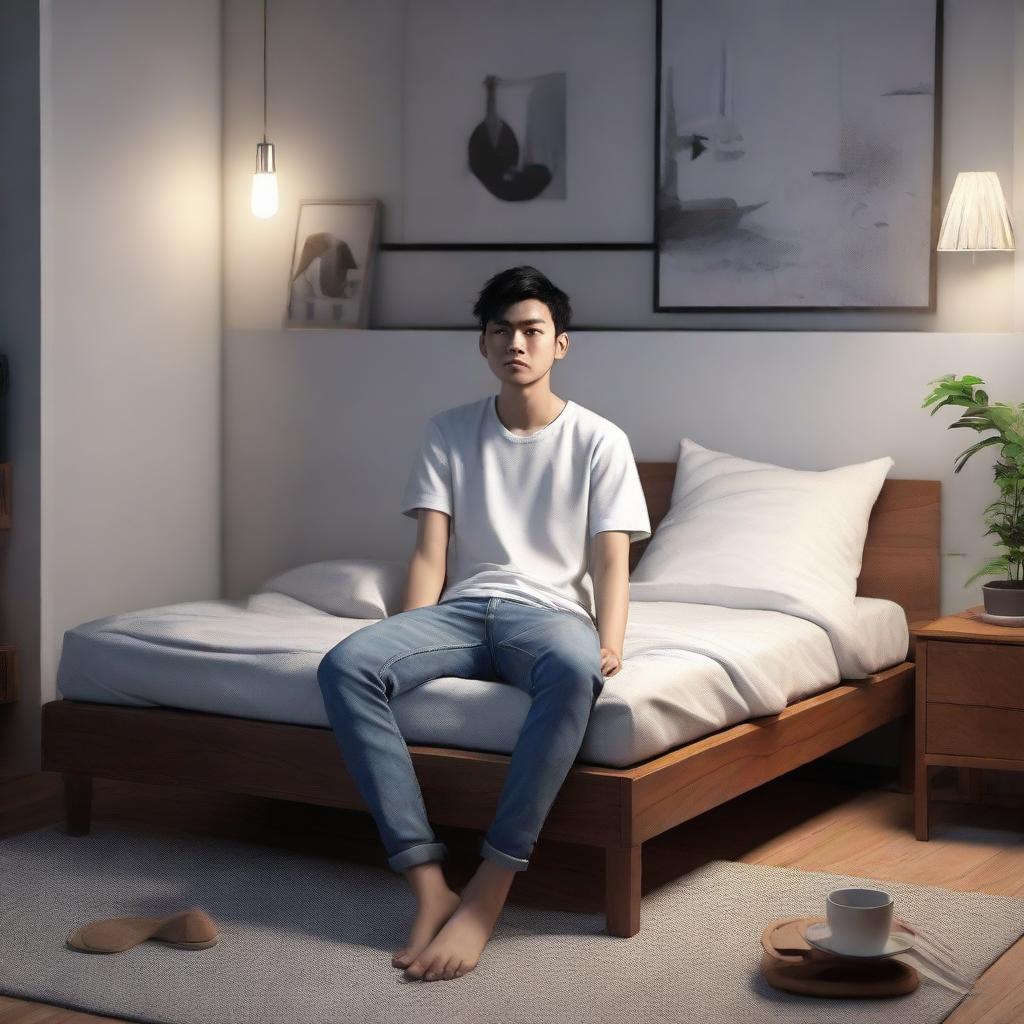 A 3D realistic scene capturing a 24-year-old Indonesian youth in a white t-shirt and jeans, lounging on a bed in an apartment during the night time.