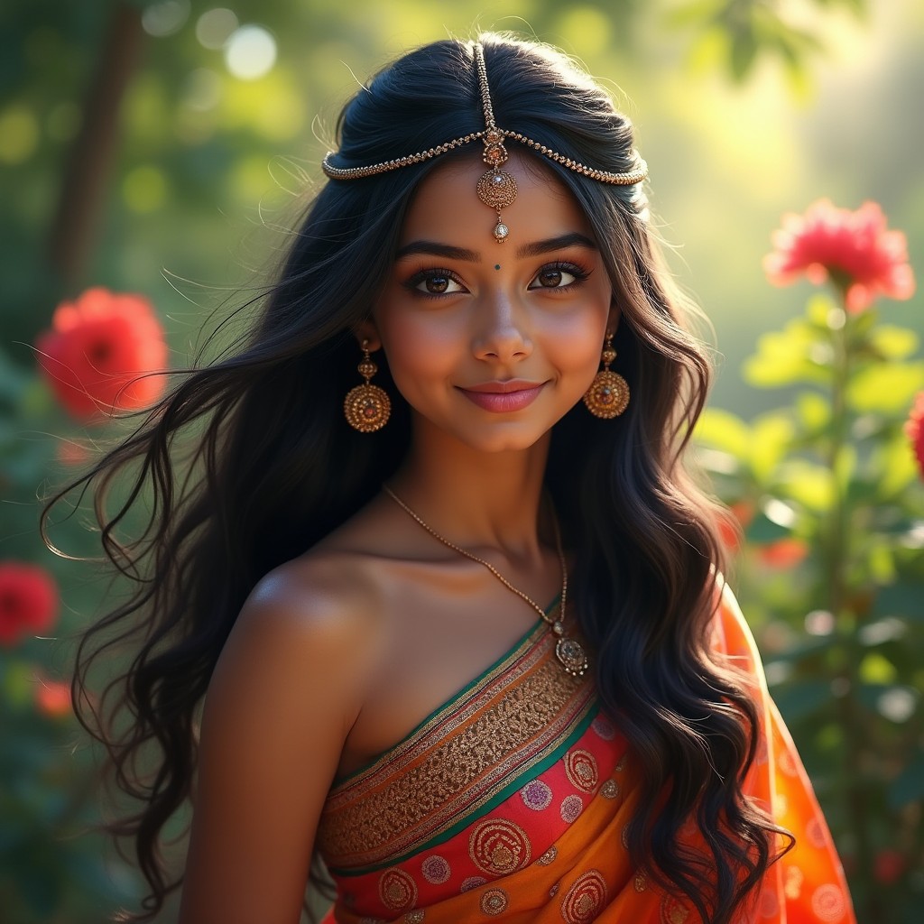 A captivating portrait of a young woman with an Indian heritage