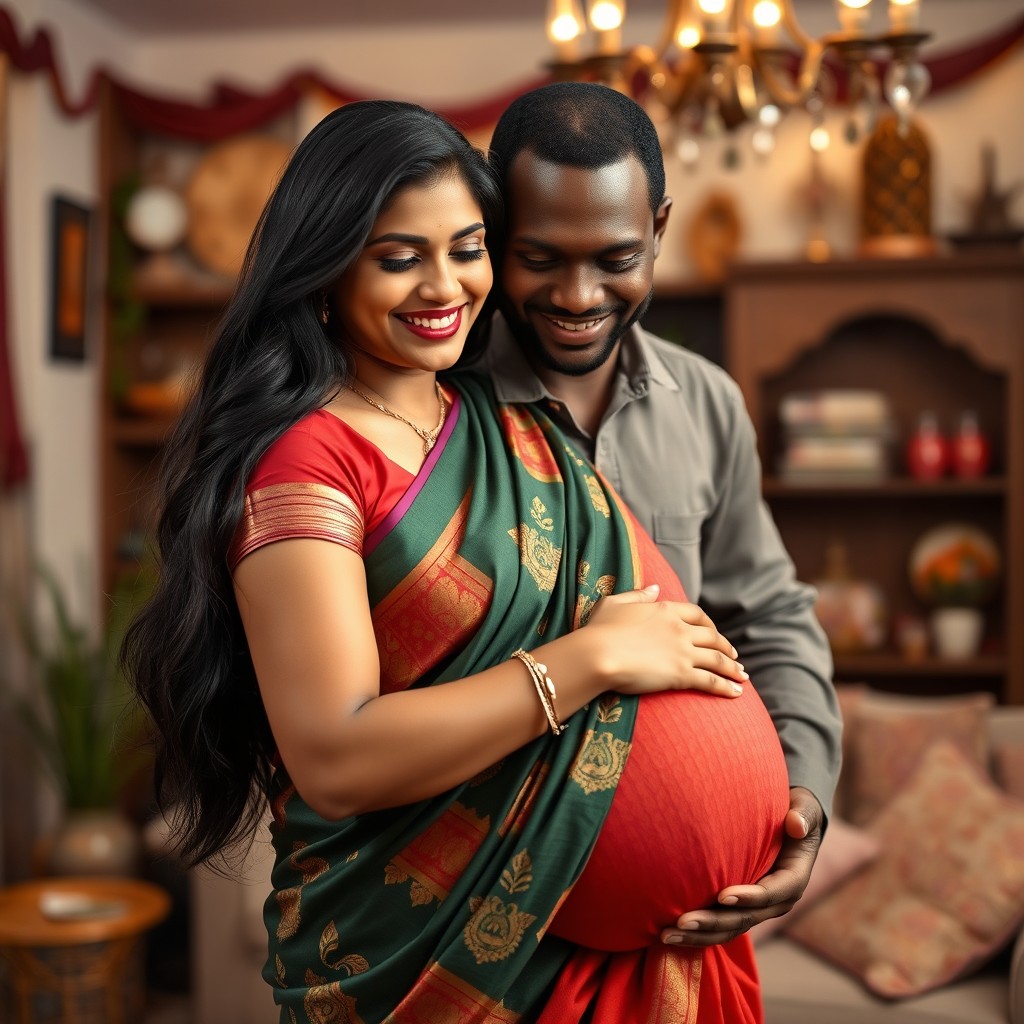 A beautiful pregnant Indian woman with long dark hair wearing a colorful traditional sari, lovingly embracing her Black husband