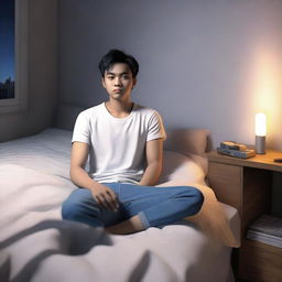 A 3D realistic scene capturing a 24-year-old Indonesian youth in a white t-shirt and jeans, lounging on a bed in an apartment during the night time.