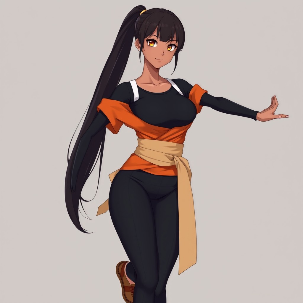 An anime adult woman with a slender yet athletically fit and curvaceous frame, showcasing her strength and grace