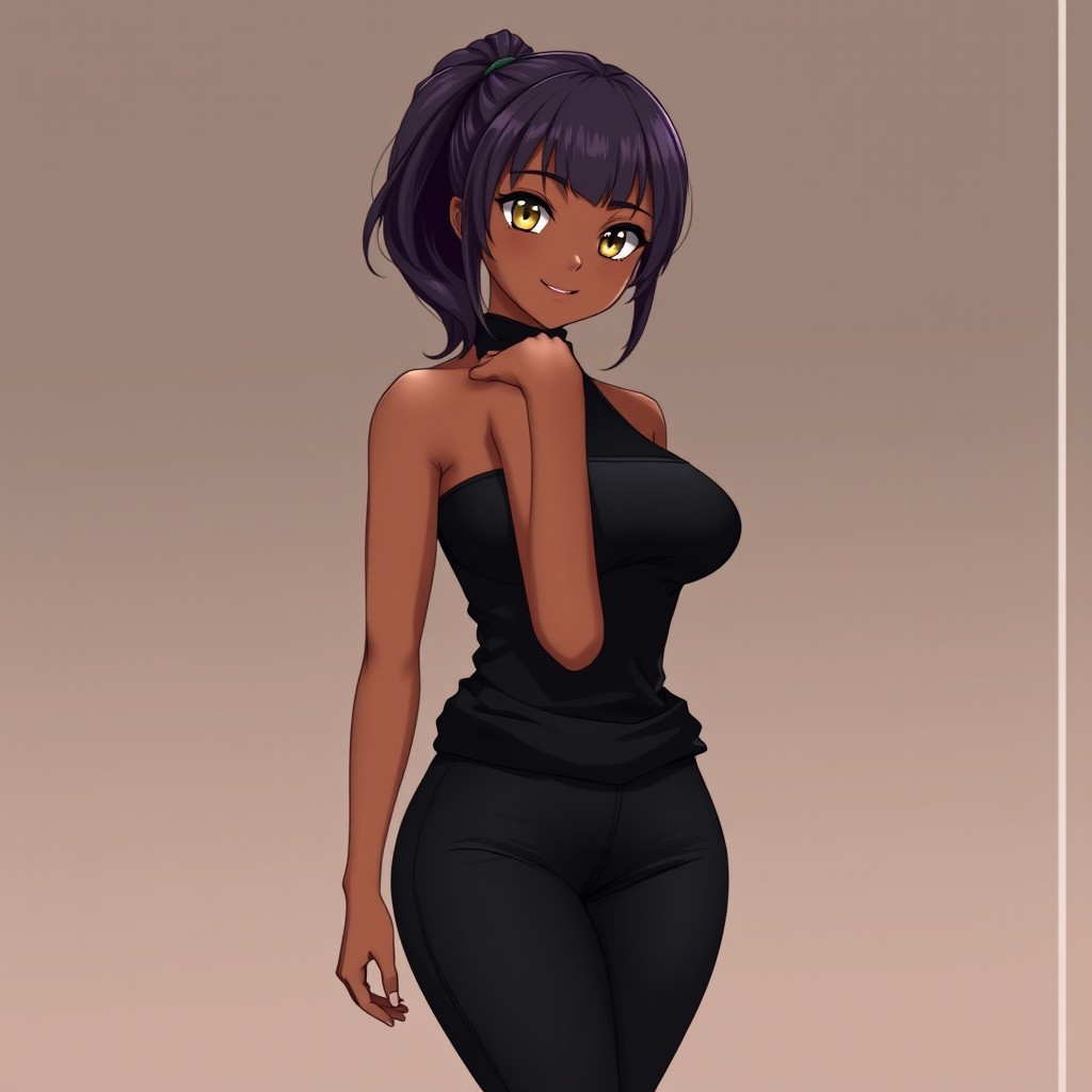 A beautiful anime adult woman with a curvaceous frame, radiating confidence and charm