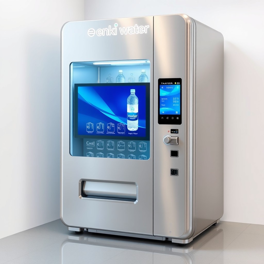 A sleek and modern water vending machine designed for consumer use, featuring an interactive LCD screen for selecting and paying for water
