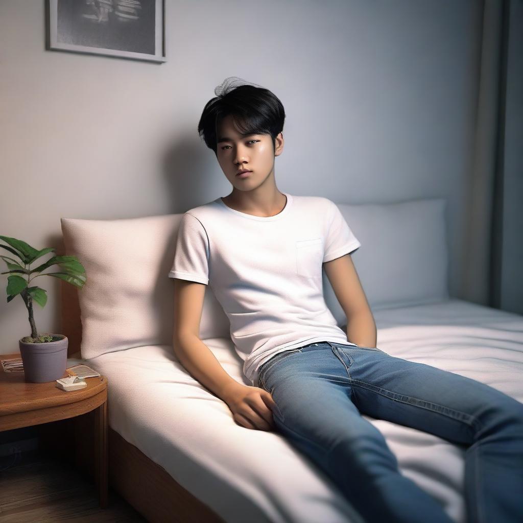 A 3D realistic scene capturing a 24-year-old Indonesian youth in a white t-shirt and jeans, lounging on a bed in an apartment during the night time.