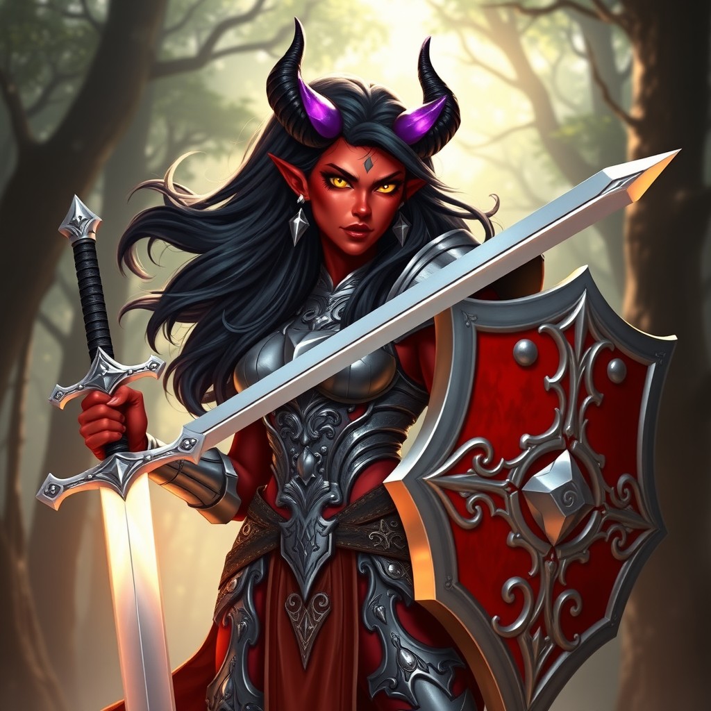 A fierce female tiefling paladin standing tall in a dynamic pose, her vibrant red skin contrasting beautifully with intricate platinum armor that glistens in the sunlight
