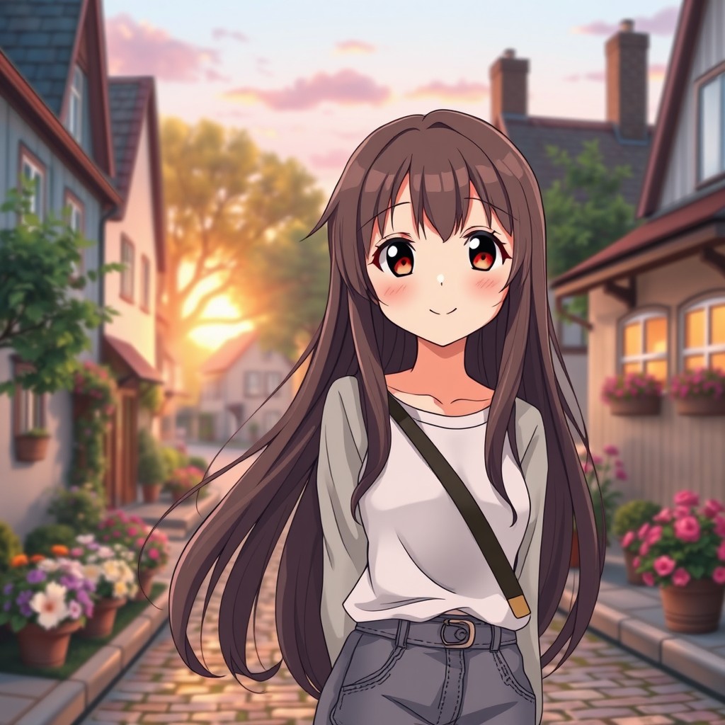 A cute yet confident Josei anime girl, standing in a cozy quiet town