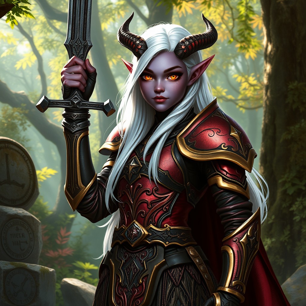 A young female tiefling paladin in a stunning suit of armor, showcasing intricate designs with shades of deep red and gold
