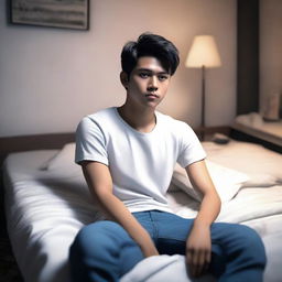 A 3D realistic scene capturing a 24-year-old Indonesian youth in a white t-shirt and jeans, lounging on a bed in an apartment during the night time.