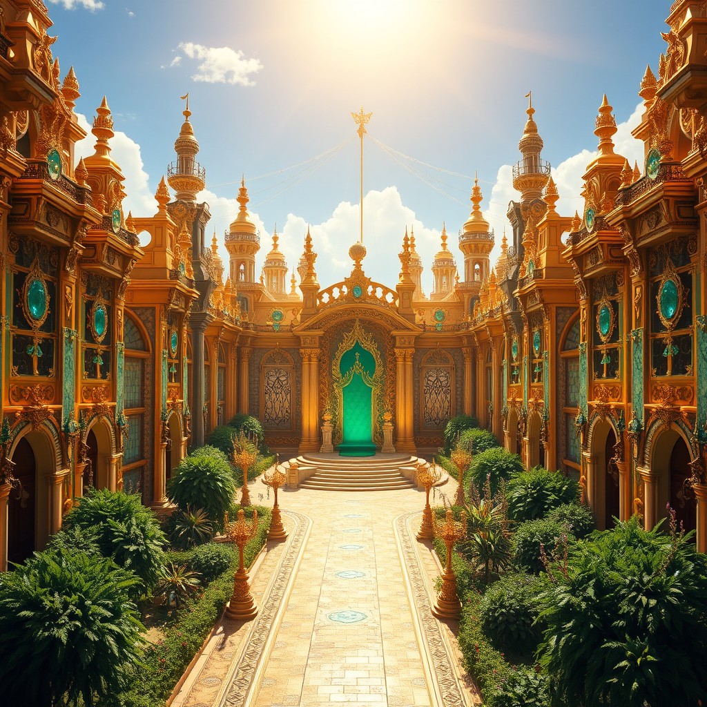 A magnificent city located in the north, featuring streets paved with shimmering gold, majestic walls adorned with sparkling gems, and grand gates crafted from lustrous pearlescent materials