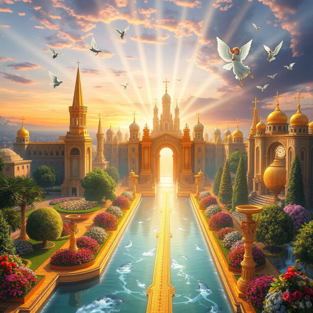 A breathtaking vision of New Jerusalem, depicted as a radiant and divine city