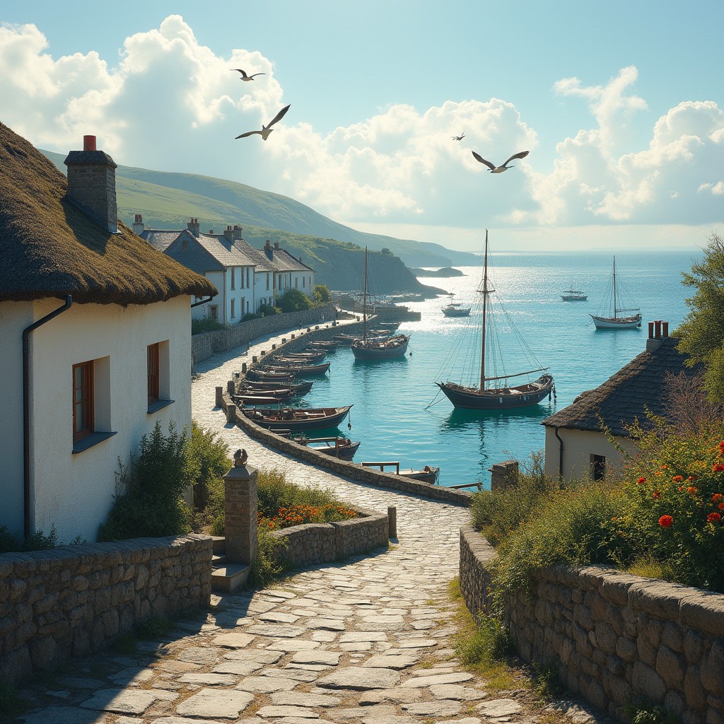 A charming, large semicircular harbour town from the days of horse and cart, where the village spreads up a gentle hill, with whitewashed stone houses featuring thatched roofs cascading down towards the tranquil water