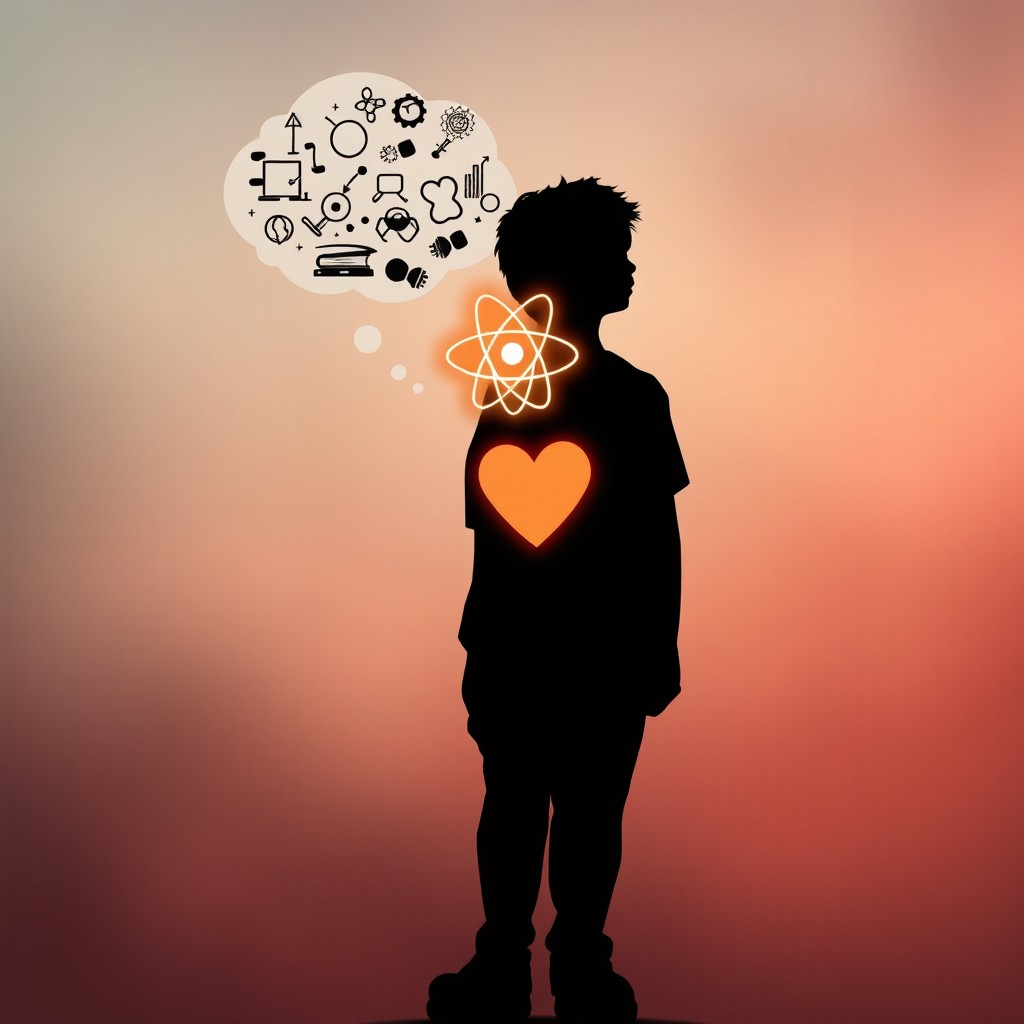 A silhouette of a student standing with a thoughtful pose, featuring a visible thought bubble containing abstract ideas or symbols related to science and learning