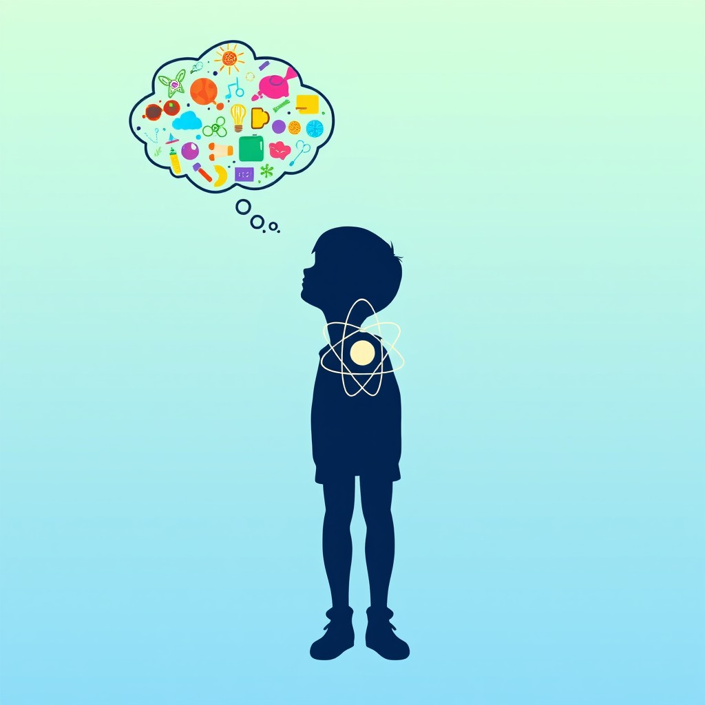 A silhouette of a student standing in a thoughtful pose, with a large thought bubble coming from their head that contains various colorful and vibrant symbols of creativity and imagination