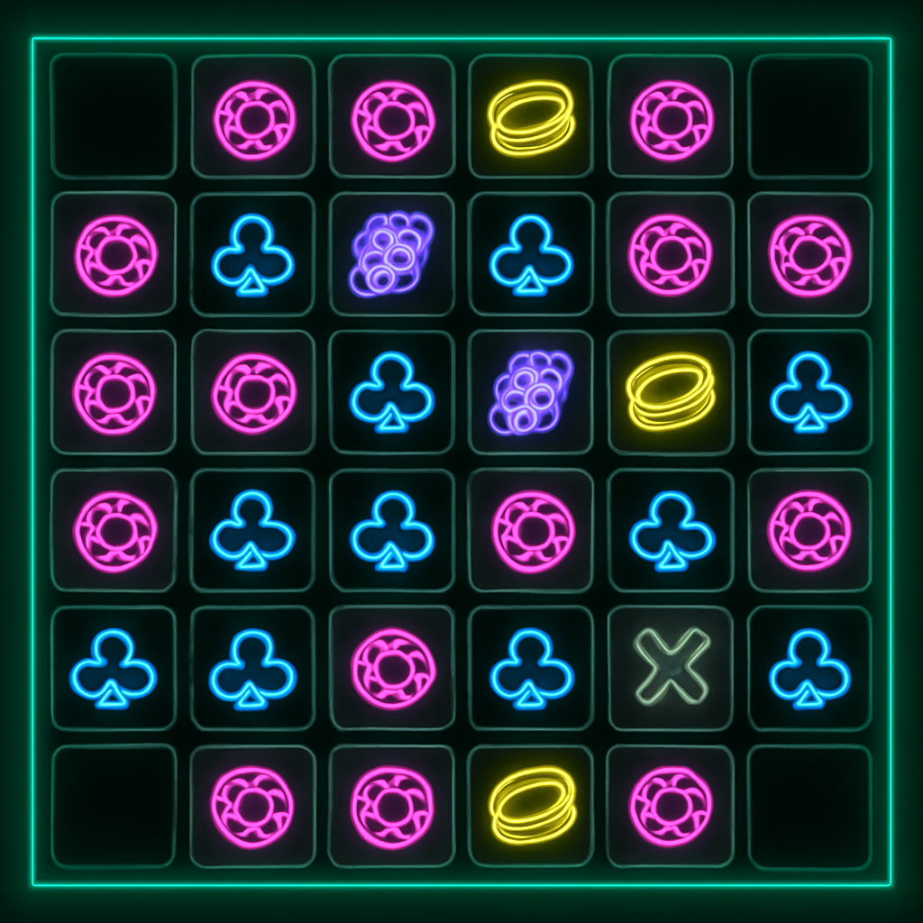A vibrant and engaging gaming interface showcasing a grid-based puzzle, complete with various neon shapes