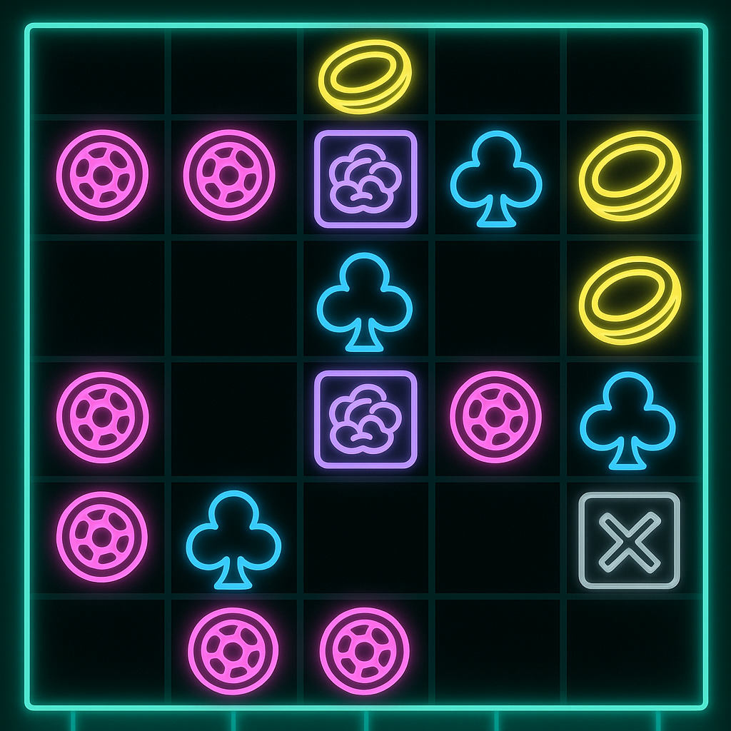 A vibrant and engaging gaming interface showcasing a grid-based puzzle, complete with various neon shapes
