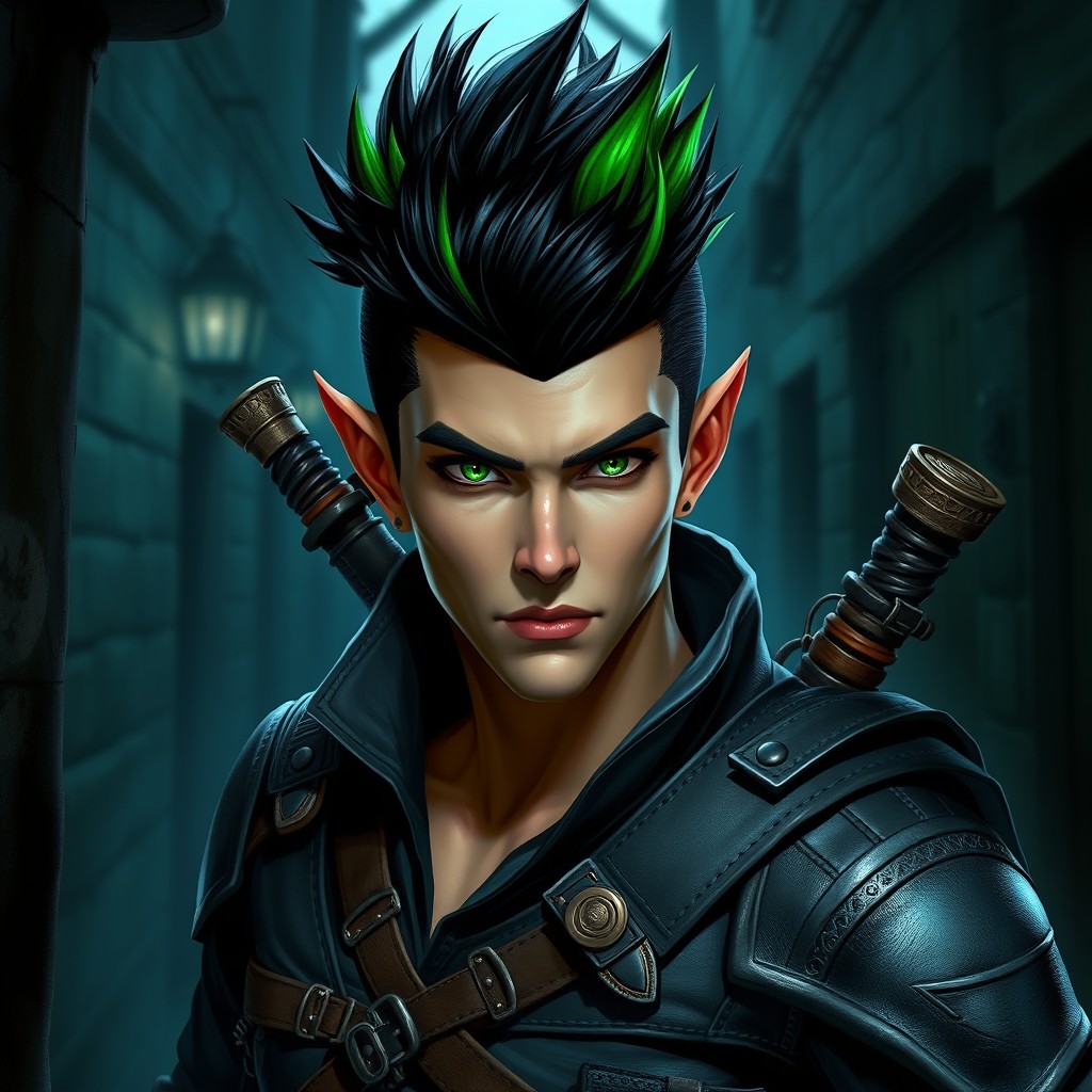 A striking male half-elf rogue with a bold mohawk hairstyle, featuring dark hair with vibrant green accents
