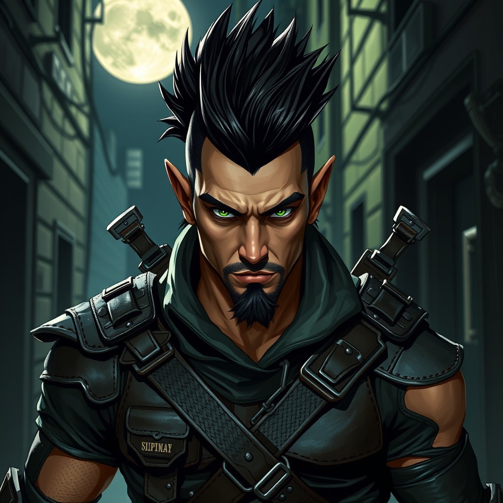 A fierce male half-elf rogue showcasing a bold black mohawk and striking green eyes