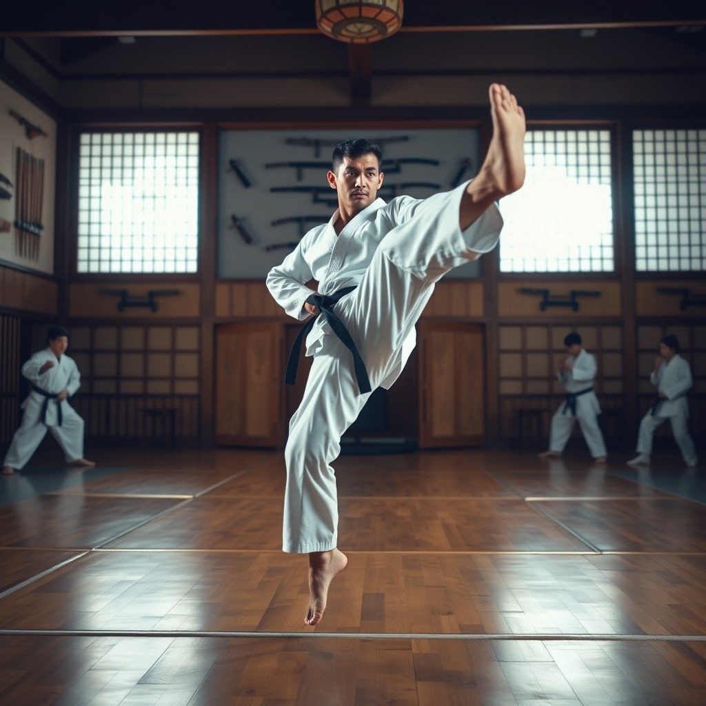 A dynamic scene depicting a karate practitioner in a traditional dojo, showcasing a high kick in mid-air