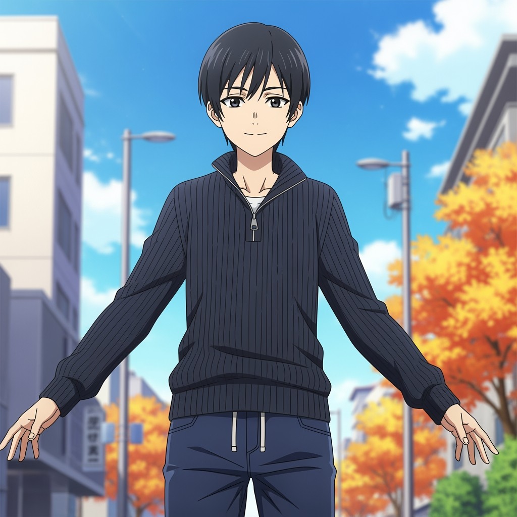 A young individual with short, dark hair and medium skin tone, anime style