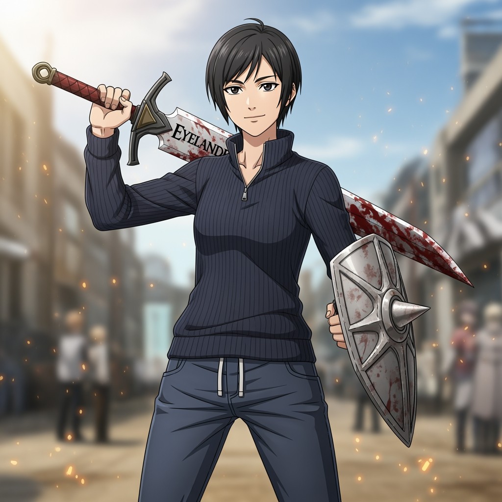 A young individual with short, dark hair and medium skin tone, anime style