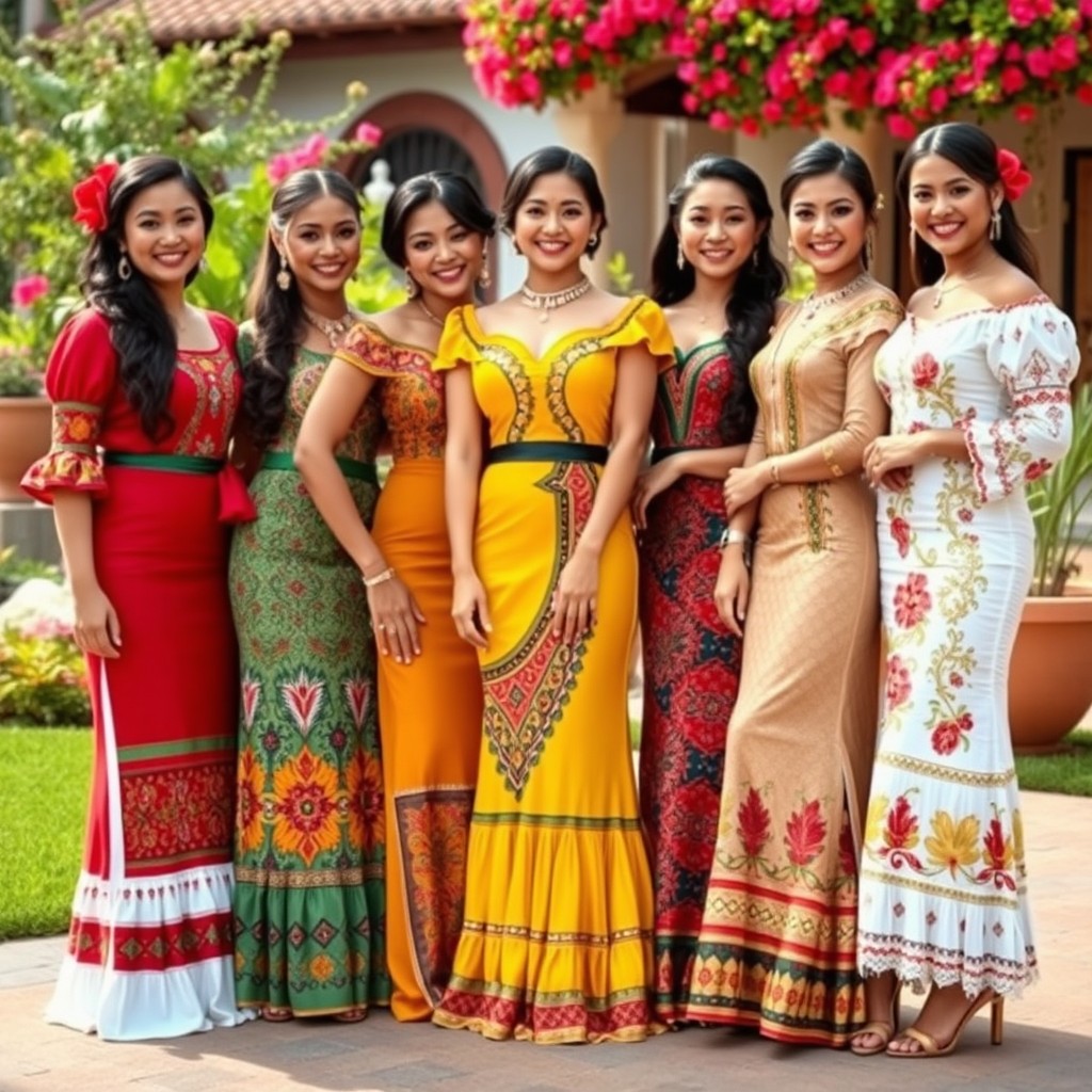 A group of elegant Mexican women showcasing traditional outfits, standing confidently in a vibrant outdoor setting